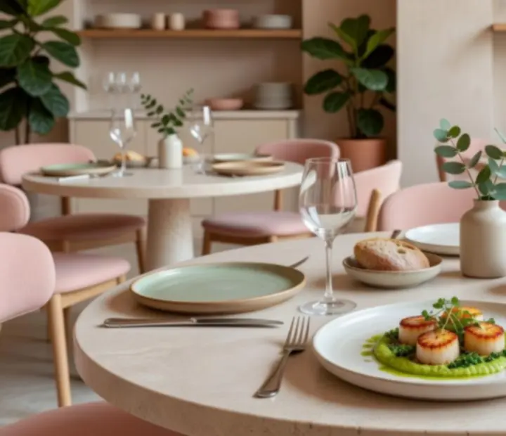 Zestaw naturalnych fotografii potraw i jasnego wnętrza restauracji Velonovarix