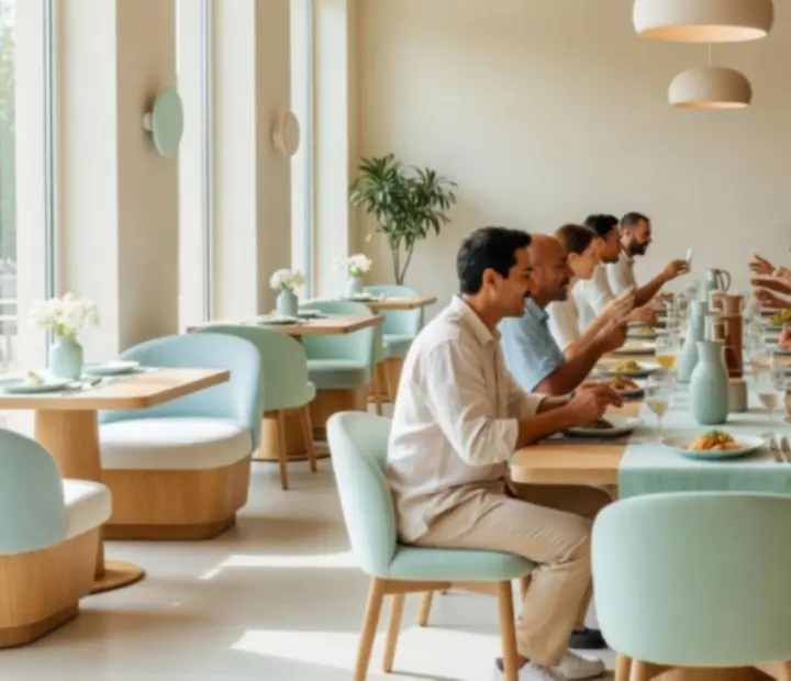 Nowoczesne wnętrze restauracji Velonovarix z gośćmi podczas wspólnej kolacji