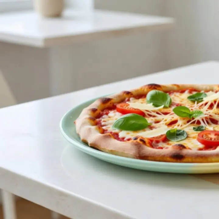 Chrupiąca pizza na cienkim cieście podana na jasnym talerzu