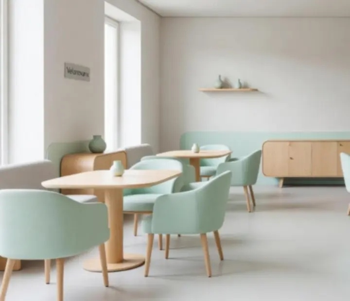 Jasne, pastelowe wnętrze restauracji Velonovarix z eleganckim wystrojem